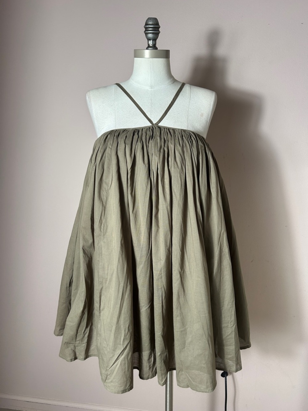 MARBLE olive green Spaghetti Strap pleated babydoll mini cotton Dress small